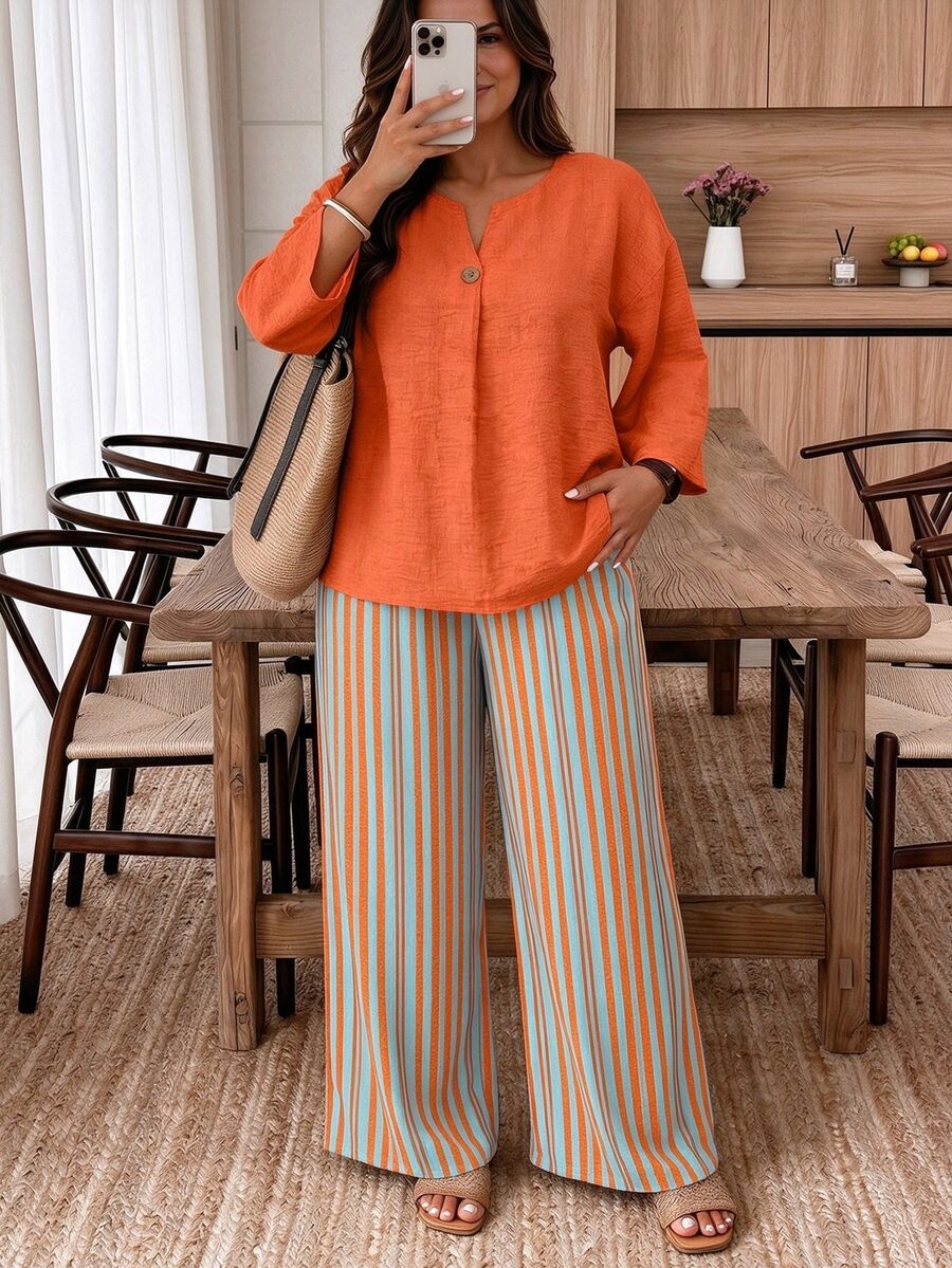 Weeklong Casual Style Plus Size Women Solid Color Notched V-Neck Shirt And Striped Pants 2 Pieces Set Fall/Winter - Multicolor - View 1