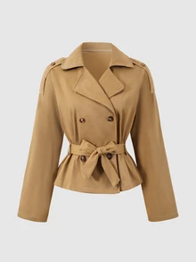 SHEIN Teen Girl Solid Color Waist Tie Casual Versatile Long Sleeve Jacket - Khaki - View 2