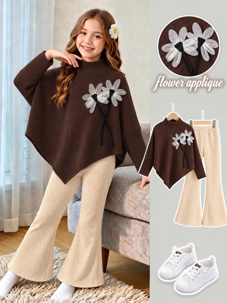 Tween Girls 2Pcs Knit Ribbed Outfit Set Asymmetric High Neck Long Sleeve Top Casual Cute Flared Pants Fall Back To School Clothes Beige Family - Multicolor - View 1