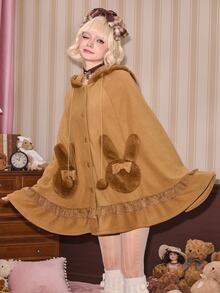ROMWE Kawaii Mantel Jubah Berkerudung Bulu Kelinci Imitasi Warna Karamel & Cokelat untuk Wanita Musim Gugur/Dingin dengan Telinga Kelinci yang Lucu - Unta - View 3