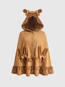 ROMWE Kawaii Mantel Jubah Berkerudung Bulu Kelinci Imitasi Warna Karamel & Cokelat untuk Wanita Musim Gugur/Dingin dengan Telinga Kelinci yang Lucu - Unta - View 8