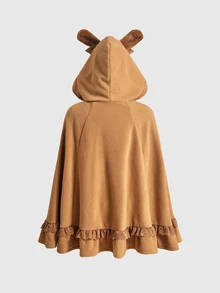 ROMWE Kawaii Mantel Jubah Berkerudung Bulu Kelinci Imitasi Warna Karamel & Cokelat untuk Wanita Musim Gugur/Dingin dengan Telinga Kelinci yang Lucu - Unta - View 9