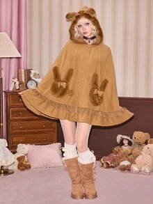 ROMWE Kawaii Mantel Jubah Berkerudung Bulu Kelinci Imitasi Warna Karamel & Cokelat untuk Wanita Musim Gugur/Dingin dengan Telinga Kelinci yang Lucu - Unta - View 1