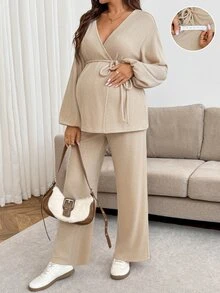 Lyckli Maternity Simple Long Sleeve Top And Adjustable Waist Long Pants 2 Pieces Set Fall - Khaki - View 3