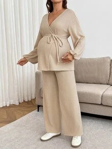 Lyckli Maternity Simple Long Sleeve Top And Adjustable Waist Long Pants 2 Pieces Set Fall - Khaki - View 8