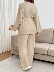 Lyckli Maternity Simple Long Sleeve Top And Adjustable Waist Long Pants 2 Pieces Set Fall - Khaki - View 4