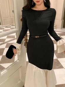 DAZY 女款長款拼色拼接修身宴會禮服 秋季 - 黑色 - 查看 3