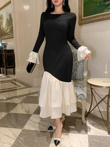 DAZY 女款長款拼色拼接修身宴會禮服 秋季 - 黑色 - 查看 7