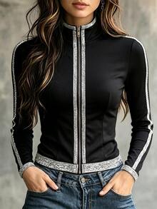 Elafinee Women's Colorblock Casual Versatile Daily Wear Long Sleeve Jacket - Black - View 3