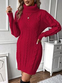 SHEIN Women's High Neck Sweater Long Sleeve Dress Fall Winter Cloth For Women - Burgundy - View 5