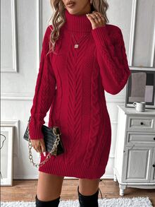 SHEIN Women's High Neck Sweater Long Sleeve Dress Fall Winter Cloth For Women - Burgundy - View 7