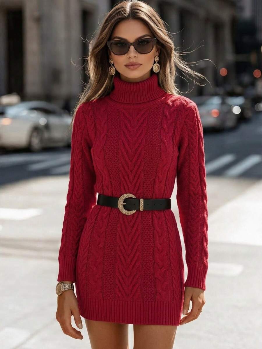 SHEIN Women's High Neck Sweater Long Sleeve Dress Fall Winter Cloth For Women - Burgundy - View 1