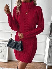 SHEIN Women's High Neck Sweater Long Sleeve Dress Fall Winter Cloth For Women - Burgundy - View 3