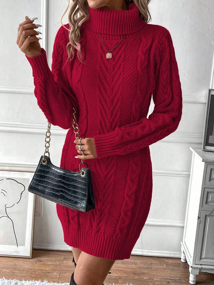 SHEIN Women's High Neck Sweater Long Sleeve Dress Fall Winter Cloth For Women - Burgundy - View 3