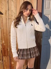 SHEIN 青少年女孩秋季上衣 奶油象牙色 粗繩編織 拉鍊立領 長袖短版開襟針織衫 冬季保暖舒適經典學院風針織毛衣 - 米色 - 查看 4