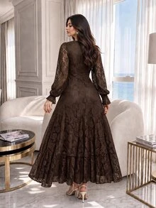 Auveirra Plus Size Women V-Neck Long Sleeve Patchwork Ruffle Elegant Lace Dress Fall Formal Party Wedding Guest Brown - Brown - View 2
