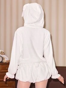 ROMWE Autumn/Winter Dollhouse Girl Kawaii Rabbit Design Jacket And Mini Lantern Shorts Plush Women's 2 Pieces Set - White - View 7