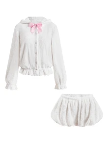 ROMWE Autumn/Winter Dollhouse Girl Kawaii Rabbit Design Jacket And Mini Lantern Shorts Plush Women's 2 Pieces Set - White - View 13