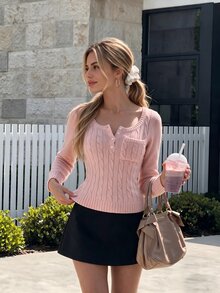 SHEIN PariChic Women's Button Half-Placket Long Sleeve Pocket Cable Knit Pullover Sweater - Pink - View 10