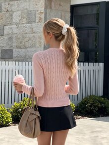 SHEIN PariChic Women's Button Half-Placket Long Sleeve Pocket Cable Knit Pullover Sweater - Pink - View 2