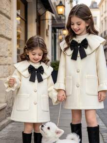 SHEIN Elladie kids 女童白色粗花呢外套，可愛荷葉邊彼得潘領秋季長版夾克，大黑色蝴蝶結優雅時尚，適合秋冬聖誕節，白色 - 杏色 - 查看 1