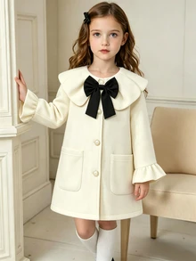 SHEIN Elladie kids 女童白色粗花呢外套，可愛荷葉邊彼得潘領秋季長版夾克，大黑色蝴蝶結優雅時尚，適合秋冬聖誕節，白色 - 杏色 - 查看 4