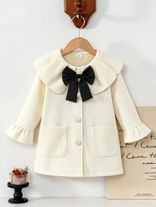 SHEIN Elladie kids 女童白色粗花呢外套，可愛荷葉邊彼得潘領秋季長版夾克，大黑色蝴蝶結優雅時尚，適合秋冬聖誕節，白色 - 杏色 - 查看 5