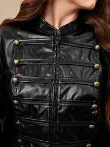 Miaspire Women's Plus Size Black PU Commuter Jacket Winter Black Top PU Black Metal Buckle-Decorated Jacket - Black - View 8