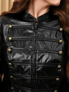 Miaspire Women's Plus Size Black PU Commuter Jacket Winter Black Top PU Black Metal Buckle-Decorated Jacket - Black - View 2
