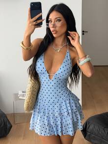 Coolane Women's All-Season Sweet Elegant Chic Going Out Vacation Beach Streetwear Cute Sexy Light Blue Polka Dot Ruffle Hem Polyester Spandex Mini Dress - Baby Blue - View 1