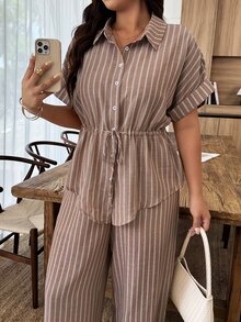 Weeklong Plus Size Women Spring Summer Shirt Collar Open Front Ruched Drawstring Striped Casual Elegant Commute Vacation Formal Set Elegant - Multicolor - View 3