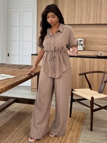 Weeklong Plus Size Women Spring Summer Shirt Collar Open Front Ruched Drawstring Striped Casual Elegant Commute Vacation Formal Set Elegant - Multicolor - View 5