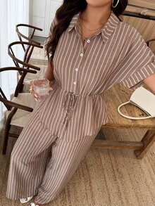 Weeklong Plus Size Women Spring Summer Shirt Collar Open Front Ruched Drawstring Striped Casual Elegant Commute Vacation Formal Set Elegant - Multicolor - View 4