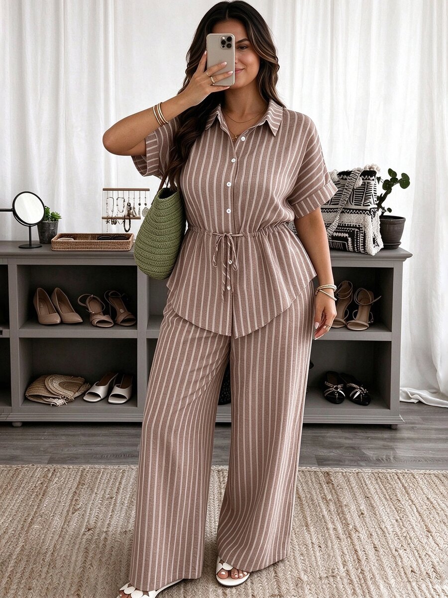 Weeklong Plus Size Women Spring Summer Shirt Collar Open Front Ruched Drawstring Striped Casual Elegant Commute Vacation Formal Set Elegant - Multicolor - View 1