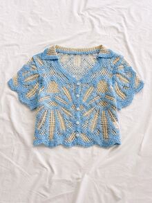 Soleia 女款度假海灘藍色對比飾邊刺繡針織上衣，萬聖節、聖誕節，女款海灘穿搭 - 彩色 - 查看 4