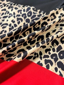 Linhara CURVE Plus Size Women's Leopard Print Daily Commute V-Neck 3/4 Sleeve Top, Red & Black And Leopard Print Colorblock Casual Top - Multicolor - View 5
