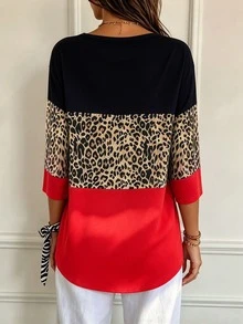 Linhara CURVE Plus Size Women's Leopard Print Daily Commute V-Neck 3/4 Sleeve Top, Red & Black And Leopard Print Colorblock Casual Top - Multicolor - View 2