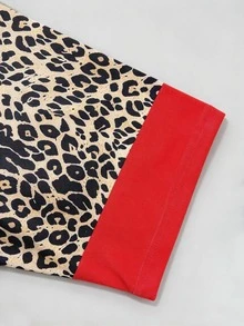 Linhara CURVE Plus Size Women's Leopard Print Daily Commute V-Neck 3/4 Sleeve Top, Red & Black And Leopard Print Colorblock Casual Top - Multicolor - View 4