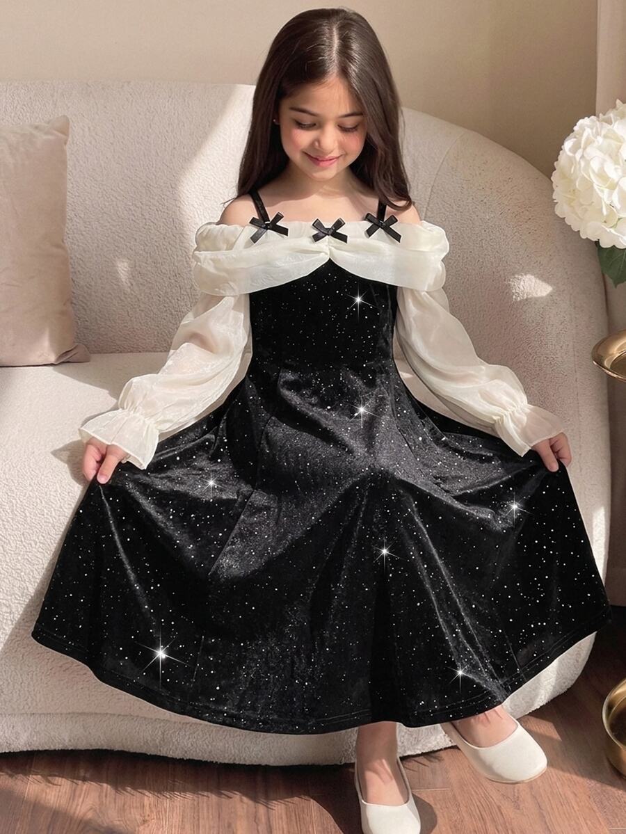SHEIN 1件女童甜美風派對約會春秋冬拼接色蝴蝶結露肩亮片長袖洋裝 - 黑與白 - 查看 1