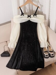 SHEIN 1件女童甜美風派對約會春秋冬拼接色蝴蝶結露肩亮片長袖洋裝 - 黑與白 - 查看 3