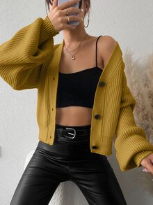 EURMUSE Solid Color Drop Shoulder Cardigan - Mustard Yellow - View 4