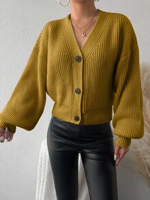 EURMUSE Solid Color Drop Shoulder Cardigan - Mustard Yellow - View 5