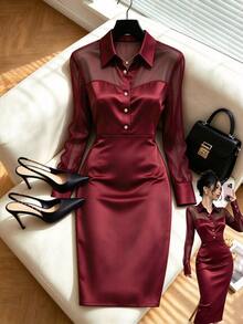 GlowEve Winter Women's Mesh Patchwork Casual Party Midi Dress - Burgundy - View 7