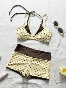 SHEIN Swim Spring/Summer New American Vintage Pink & Blue Cartoon Dopamine Style Fun Sardine Print Halter Neck Two Pieces Swimwear Set - Multicolor - View 6