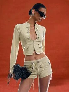 LYSMO Women's Zipper Front Long Sleeve Cropped Jacket And Drawstring Waist Shorts 2 Pieces Set Club Night Out Beige Fall Sexy - Light Yellow - View 5