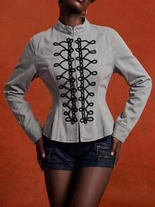 LYSMO Women's Vintage Cinched Waist Long Sleeve Denim Jacket With Woven Trim - Grey - View 7