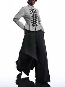 LYSMO Women's Vintage Cinched Waist Long Sleeve Denim Jacket With Woven Trim - Grey - View 6