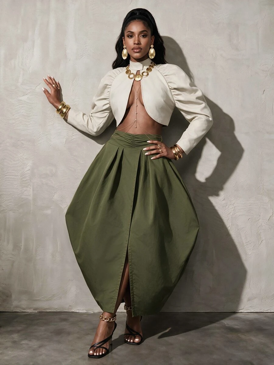 BamGlimmer Autumn/Winter Olive Green Pleated Asymmetrical Half-Length Skirt, With A Bold And Elegant Style, Suitable For Parties And Daily Outings.