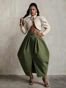BamGlimmer Autumn/Winter Olive Green Pleated Asymmetrical Half-Length Skirt, With A Bold And Elegant Style, Suitable For Parties And Daily Outings. - Green - View 7