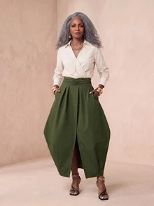 BamGlimmer Autumn/Winter Olive Green Pleated Asymmetrical Half-Length Skirt, With A Bold And Elegant Style, Suitable For Parties And Daily Outings. - Green - View 8